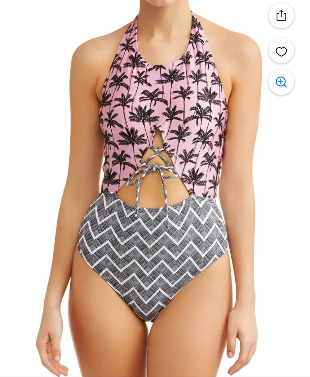 5/$25 Pink Palm Tree One Piece Swimsuit Cutout Halter Chevron Print Pink Gray